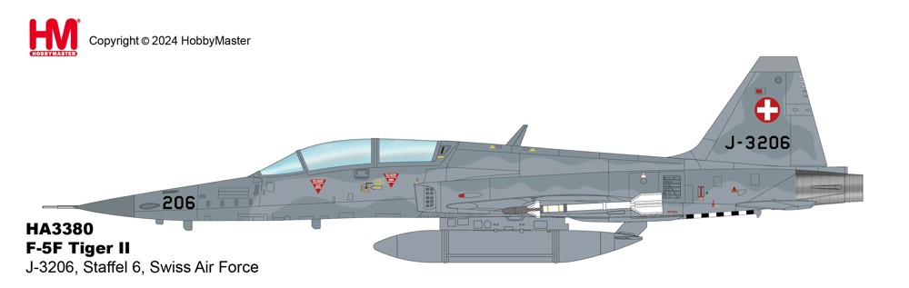 Bild von Tiger F-5F Doppelsitzer J-3206. Anlässlich des 100-jährigen Jubiläums der Staffel 6 produzieren wir eine neue Serie dieser Modelle. Hobbymaster Metallmodell 1:72 HA3380. LIEFERBAR MAI 2025.